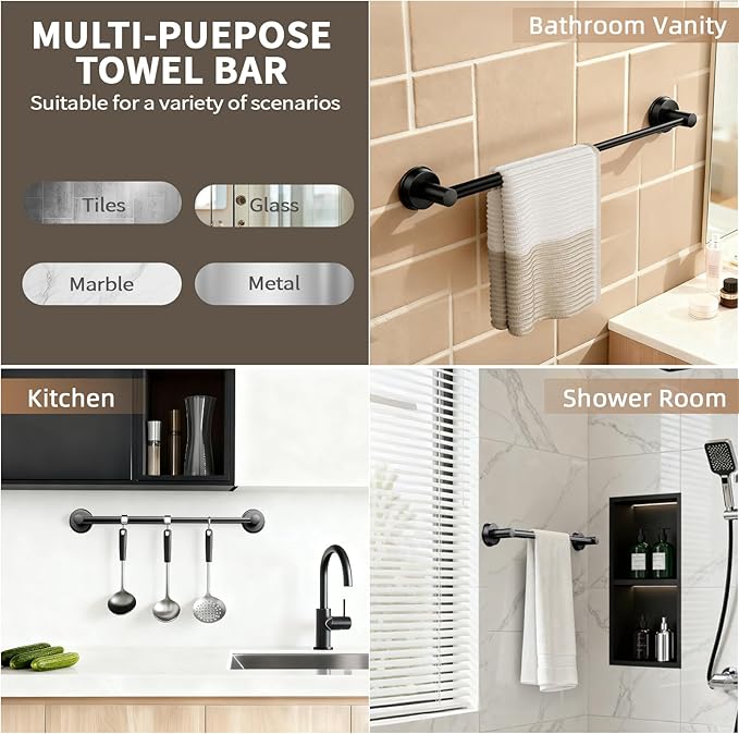 Adjustable Suction Cup Towel Bar for Bathroom Wall,14.6Inch~24 Inch Towel Racks for Bathroom, SUS304 Stainless Steel Bathroom Towel Holder,Bathroom Accessories Brushed Nickel Towel Rack (Black)