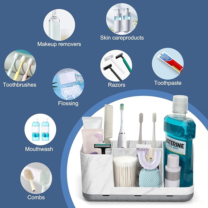 QIYVLOS Bathroom Organizers and Storage, 8 Slots Detachable Toothbrush Holders for Bathrooms, Anti-Slip Bathroom Countertop Organizer with Drainage Hole Vanity Storage (Marble)