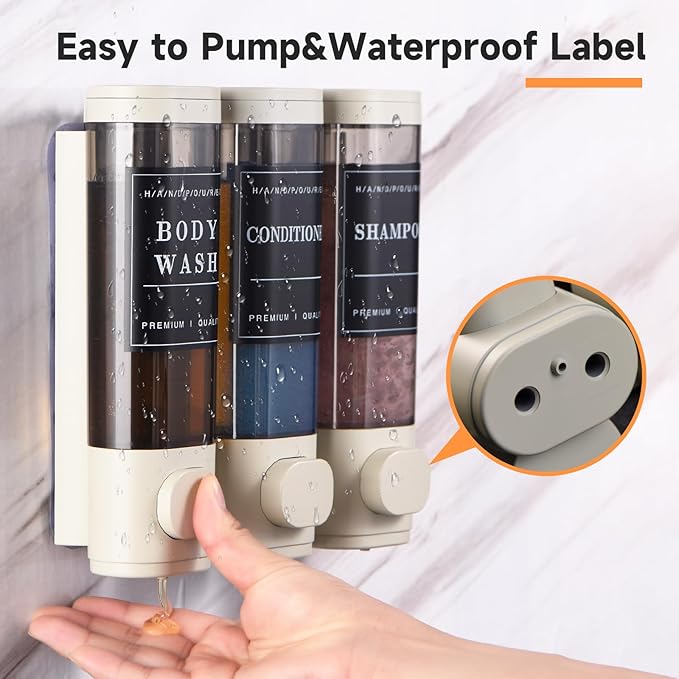 Shampoo and Conditioner Dispenser,Shower Dispenser 3 Chamber No Drilled Shampoo Dispenser for Shower Wall Mounted Body Wash for Bathroom Kitchen Hotel Large Capacity,Light Gray