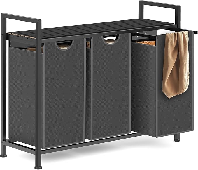 Sonharlar Laundry Hamper, Laundry Sorter with 3 Pull-Out Removable Oxford Fabric Bags Cloth Laundry Basket 3 x 10 Gallons (Grey and Charcoal Black)