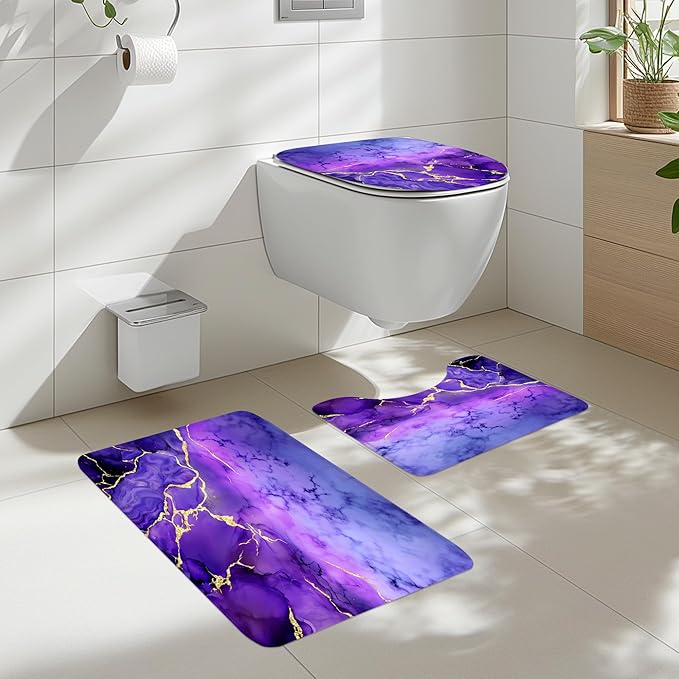 Cinbloo 4Pcs Dark Purple Marble Shower Curtain Set, Abstract Lilac Gold Cracked Lines Modern Simple Bathroom Curtain with Rug, Toilet Lid Cover, Bath Mat, Luxury Aesthetic Shower Curtain with 12 Hooks