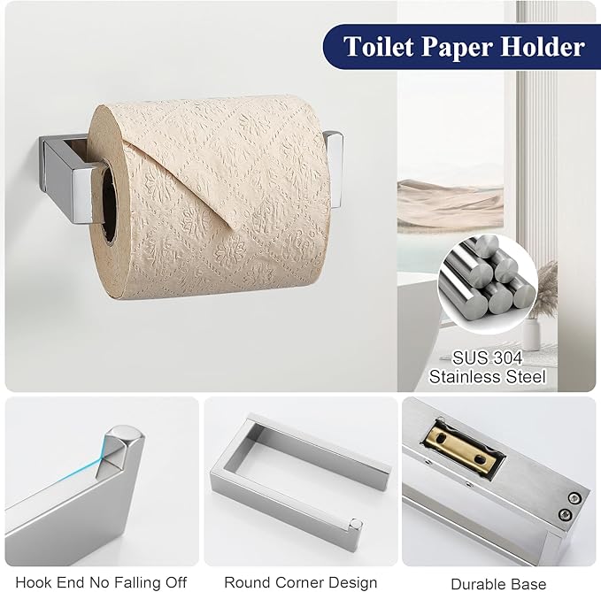 3 Pieces Polished Chrome Bathroom Hardware Accessories Set,SUS304 Stainless Steel Towel Holder Set Towel Holder Robe Hook Toilet Paper Holder Wall Mounted