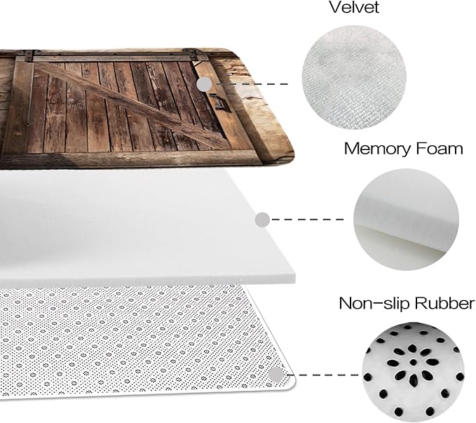 Farmhouse Wooden Barn Door Rustic Bathroom Rugs and Mats Sets 3 Piece, Large Imitation Cashmere Bath Mat, U-Shaped Contour Shower Mat Non Slip Absorbent, Velvet Washable 20 x 31 inch