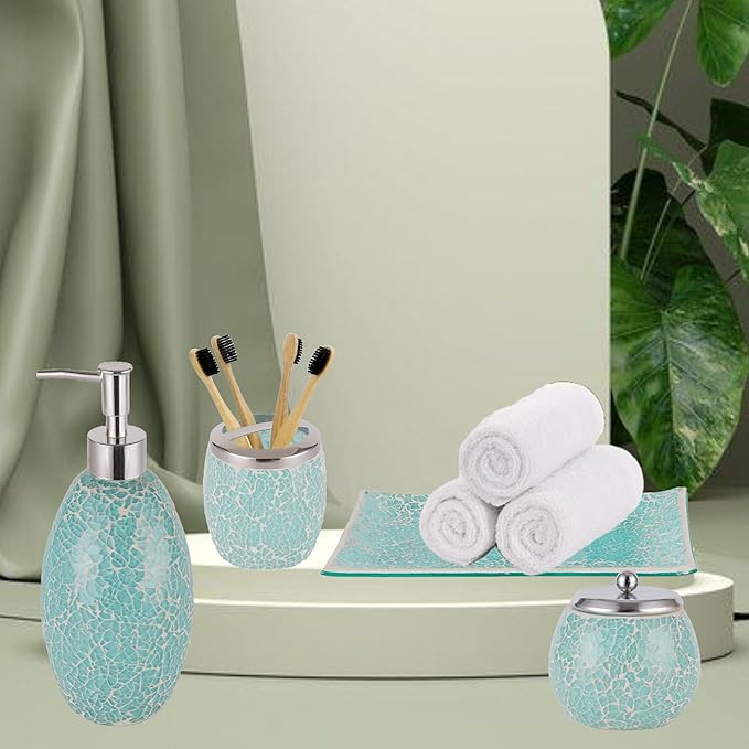 Escenzy Stylish Green Bathroom Accessories Sets 4 Pcs | Luxurious Glass Soap Dispenser, Toothbrush Holder, Cotton Swab Jar, Vanity Tray | Modern Decor Bling Mosaic Glass Turquoise Bathroom Accessories