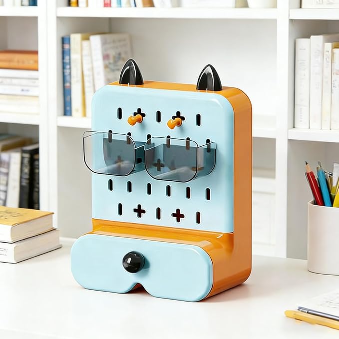 Makeup Organizer with Drawer, Multi Functional Pencil Holder for Desk, Desk Accessories for Women, Desk Organizers and Accessories for Bathroom Bedroom Counter (blue)