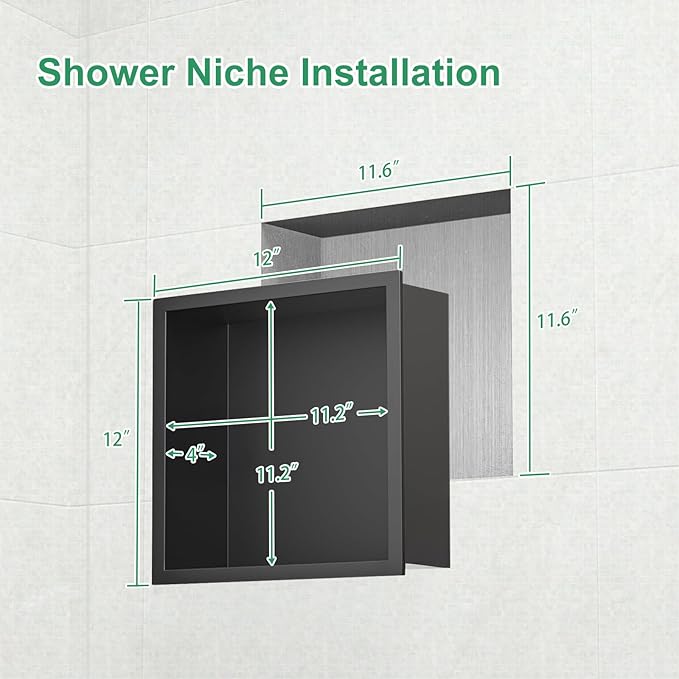 SaniteModar Shower Niche, Stainless Steel Shower Niche No Tile Needed, Recessed for Bathroom Storage (Matte Black, 12x12)