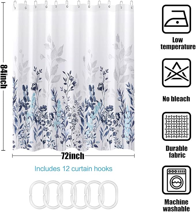 Neasow Blue and Grey Shower Curtain, Watercolor Floral Bathroom Curtain Teal and White Shower Curtains 72×84 inches
