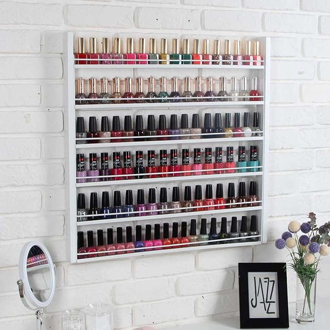 J JACKCUBE DESIGN White Wood Nail Polish Organizer with 6 Tier Shelves 100 Bottles Wall Mount Display Rack Makeup Essential Oil Bottles Holder Storage for Nail Salon Bedroom Dress Room - MK528C