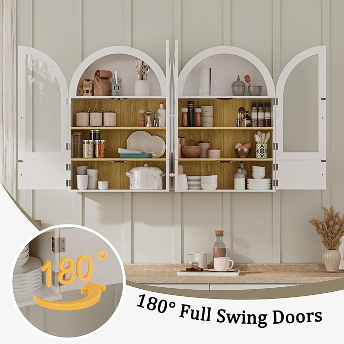 BREEZEHEAT Arched Medicine Cabinet with Extra Storage, Glass Doors & Adjustable Shelf -Wall Mounted Over Toilet Cabinet for Bathroom, Kitchen, Laundry Room, Smooth Glossy White, 23.6x33.5 Inch