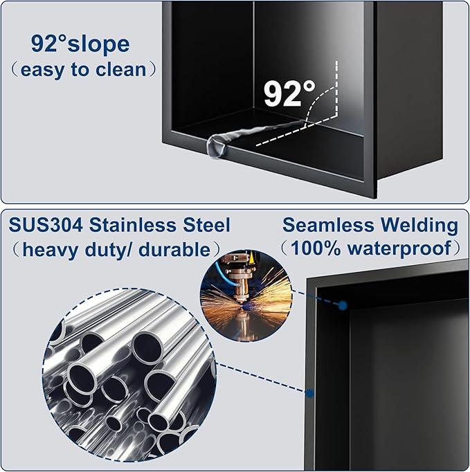 Neodrain Shower Niche Double Shelf Stainless Steel No Tile Needed Bathroom Niches Recessed in Wall, 2-Tier Recessed Wall Niche Waterproof Cubby(8X24 Inch,Matte Black)
