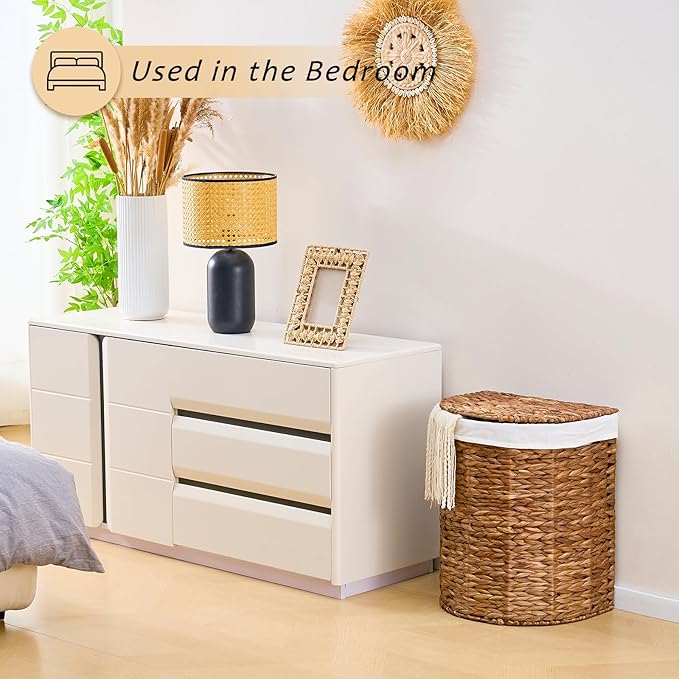 Water Hyacinth Laundry Hamper with lid, Half Moon Shape with 2 Removable Cloth Bags, Handwoven Boho Wicker Basket for Laundry Organization, Espresso