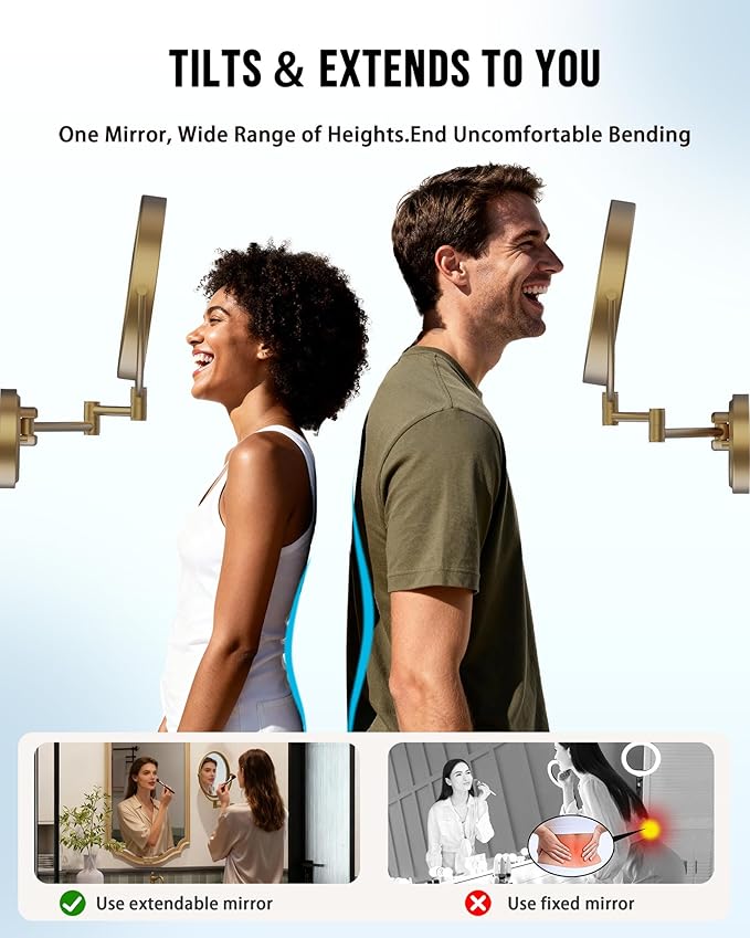 10" Rechargeable Wall Mounted Mirror Swing Arm Lighted, 1X/5X Double-Sided 3-Colors Touch Dimmable 2600 mAh Face Mirror Magnifying with Light Extended for Bathroom, Antique Brass