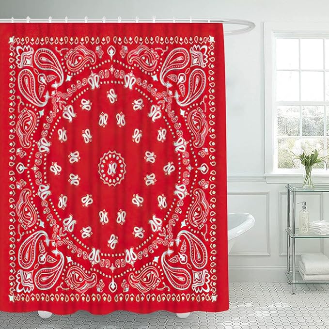 4 Piece Western Shower Curtain Waterproof Bandana in Red and White Bathroom Sets with Non-Slip Rugs, Toilet Lid Cover and Bath Mat with Standard Size
