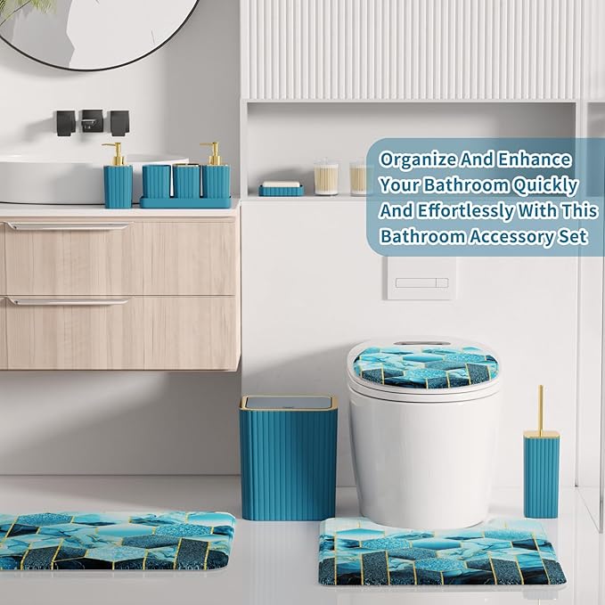 XLHOMO Bathroom Set - 26PC Bathroom Set with Shower Curtain and Rugs, Bathroom Accessory Set, Teal Bathroom Accessories Set, Trash Can & Soap Dispenser