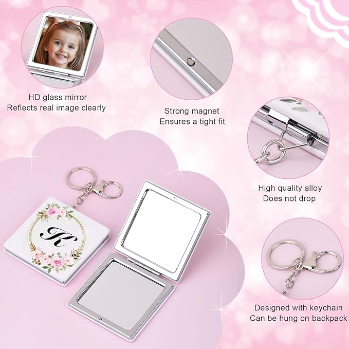 BAOSIWA Stocking Stuffers for Teen Girls Grandkids, Gifts for 5 6 7 8 9 10 11 12 13 Year Old Girl, Personalized Compact Mirror Initial Small Travel Makeup Mirror with Keychain(K)