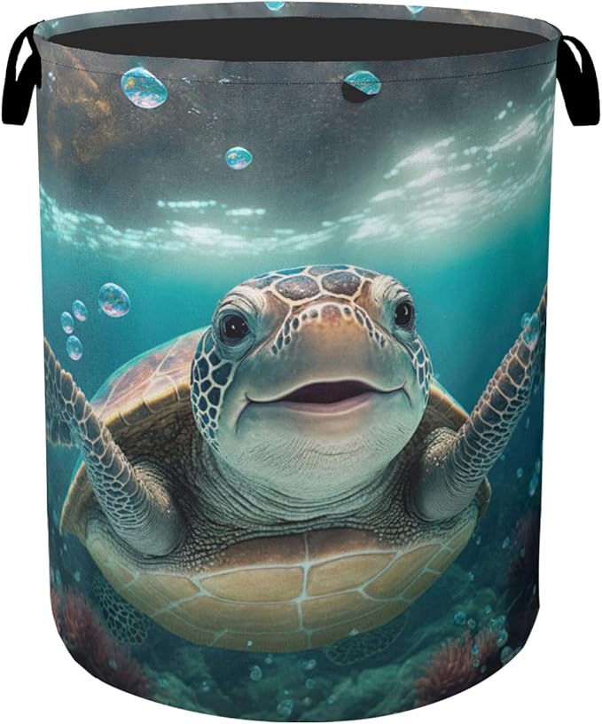 Cute Sea Turtle Foldable Canvas Laundry Basket with Handles - Toy Organizer, Heavy Duty for Home，Bedroom, Dorm, Bathroom