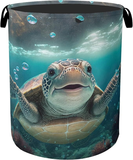 Cute Sea Turtle Foldable Canvas Laundry Basket with Handles - Toy Organizer, Heavy Duty for Home，Bedroom, Dorm, Bathroom