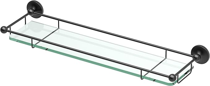 Gatco 1465MX Premier Tempered Glass Shelf, Matte Black/Wall Mounted 22" X 6" Floating Rectangle Glass Shelf with Railing for Bathroom Storage