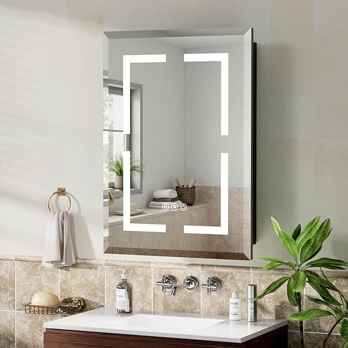 16X24 Inch Bathroom Medicine Cabinet, Adjustable 3-Color Brightness Dimming LED Mirror Recessed, Black