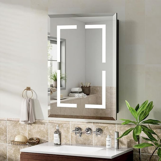 16X24 Inch Bathroom Medicine Cabinet, Adjustable 3-Color Brightness Dimming LED Mirror Recessed, Black