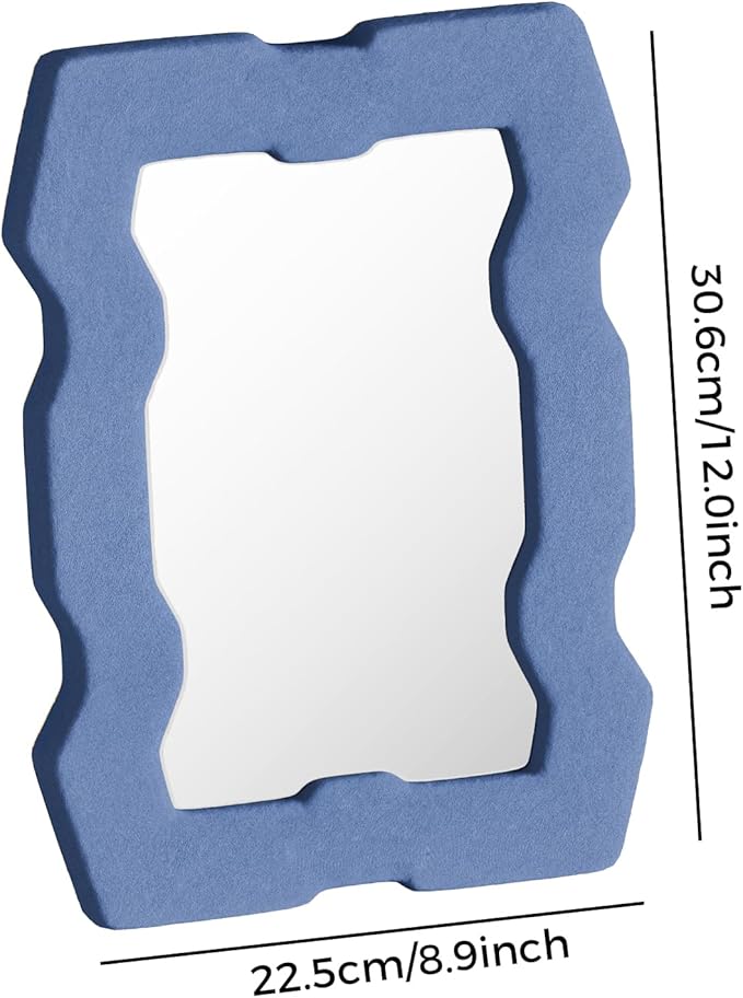 Wavy Decorative Mirror, Square Fun Tabletop Mirror, Blue Irregular Decor Mirrors, Home Modern Decor for Living Room Office Workspace Bedroom Entryway (8.9x12 Inch)