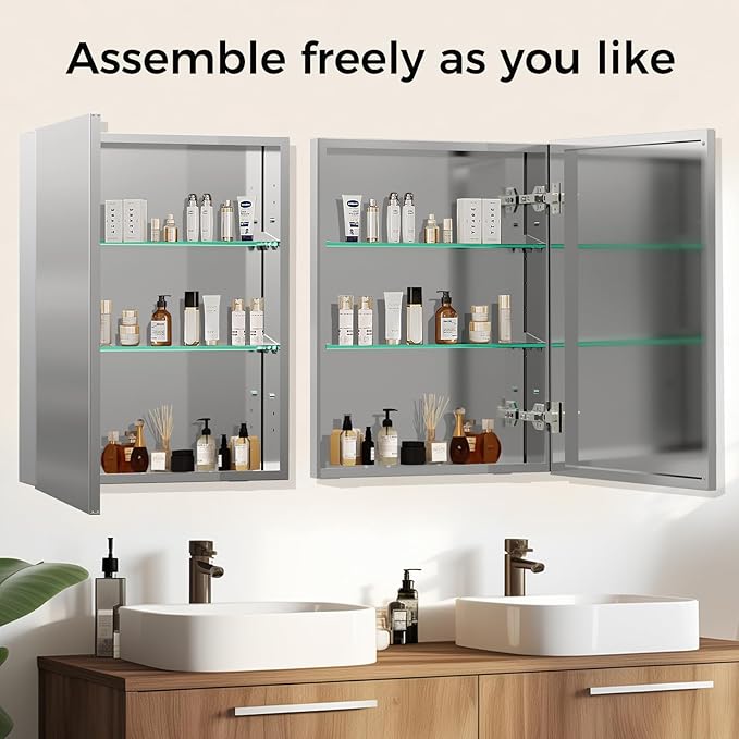 20 x 26 Inch Bathroom Medicine Cabinet with Beveled Edge Mirrored Door,Medicine Cabinet,Bathroom Mirror Cabinet,Home Medicine Cabinets with 2 Adjustable Shelves, Recessed or Surface Mount Installation