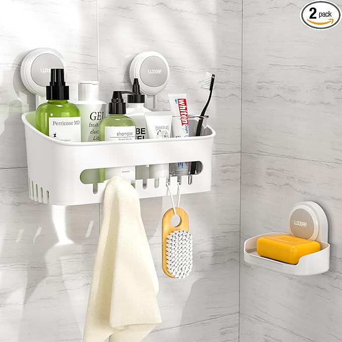 LUXEAR Shower Caddy Suction Cup 2 Pack Suction Shower Basket + Soap Dish Holder NO-Drilling Removable One Second Installation Shower Organizer Powerful Waterproof Bathroom Caddy Storage