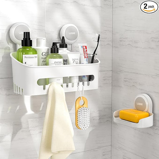 LUXEAR Shower Caddy Suction Cup 2 Pack Suction Shower Basket + Soap Dish Holder NO-Drilling Removable One Second Installation Shower Organizer Powerful Waterproof Bathroom Caddy Storage