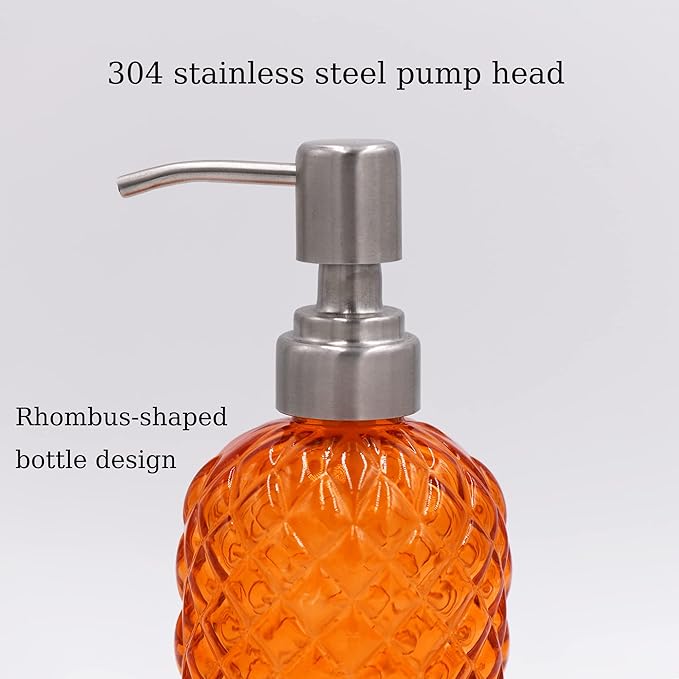 16 oz Diamond Pattern Glass Soap Dispenser, Kitchen and Bathroom Refillable Soap Dispenser with Rust Resistant Stainless Steel Pump for Hand Soap, Lotion Glass Liquid Dispenser