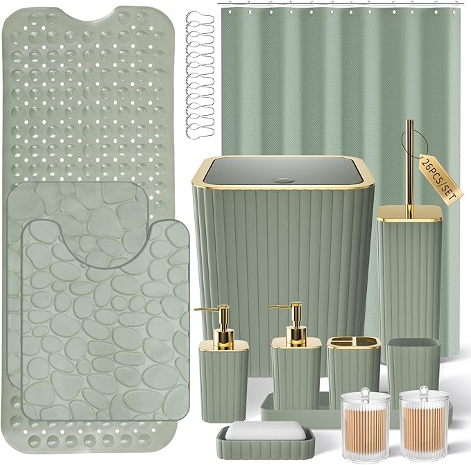 XLHOMO 26PC Bathroom Accessories Set - Gorgeous Sage Green Bathroom Set, Bathroom Accessory Set, Shower Curtain Set with Bathtub Mats for Shower Tub, Trash Can & Soap Dispenser