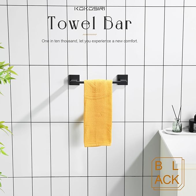 KOKOSIRI 16 Inch Bath Towel Bars Bathroom Towel Holder Towel Rail Kitchen Towel Hanger Necklace Holder Bathroom Accessories Stainless Steel Wall Mounted Matte Black B4006BK-L16