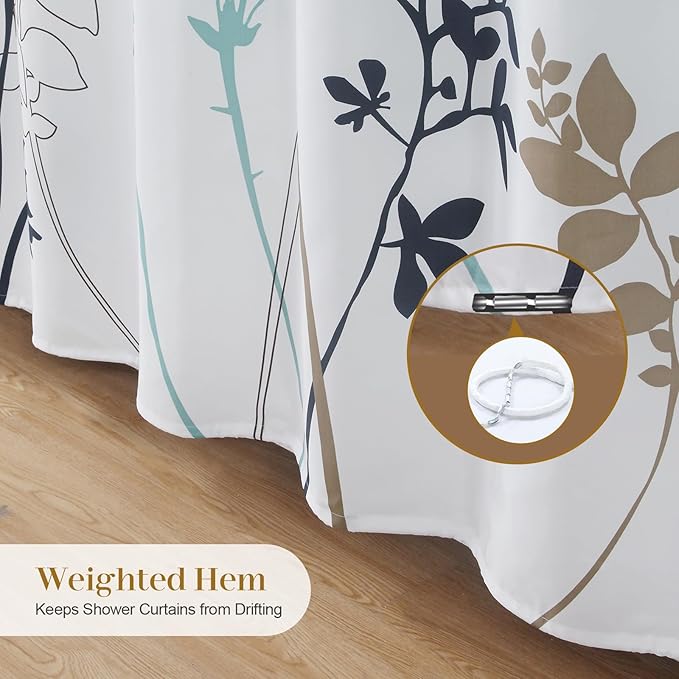 Blue and White Floral Shower Curtain, Teal Brown Flower Fabric Shower Curtain for Bathroom, Waterproof Washable Plant Decorative Bathroom Shower Curtains, 72" W X 78" H