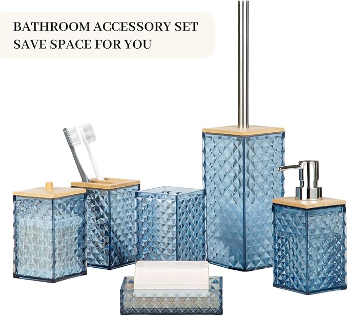 Bathroom Accessory Set, Grid Pattern 6 Pcs Plastic Bathroom Set Include Qtip Holder Dispenser, Toilet Bursh, Soap Dispenser, Soap Dish, Toothbrush Holder, Mousewash Cup(Dark Blue)