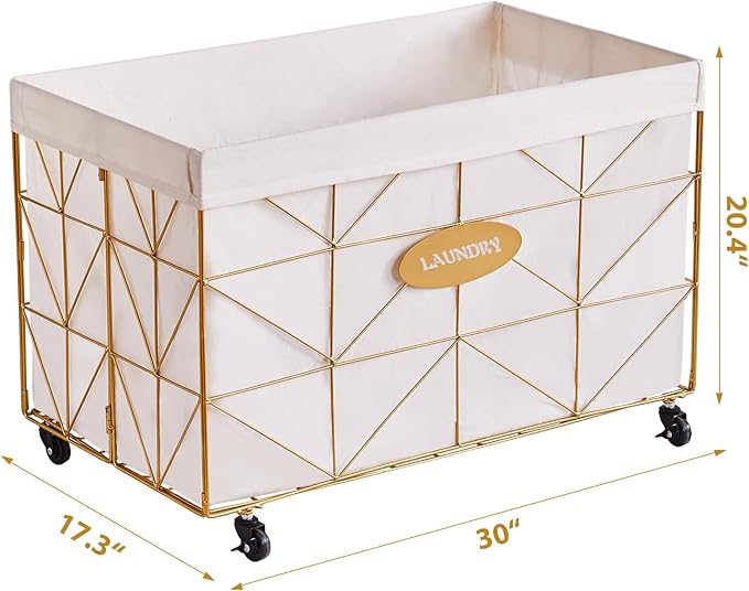 Mxfurhawa Laundry Hamper,Collapsible Laundry Basket Large Capacity Metal Laundry Hamper with Removable Liner, Rolling Wheels and Collapsible Design for Clothes Storage and Organization (160L GOLD)