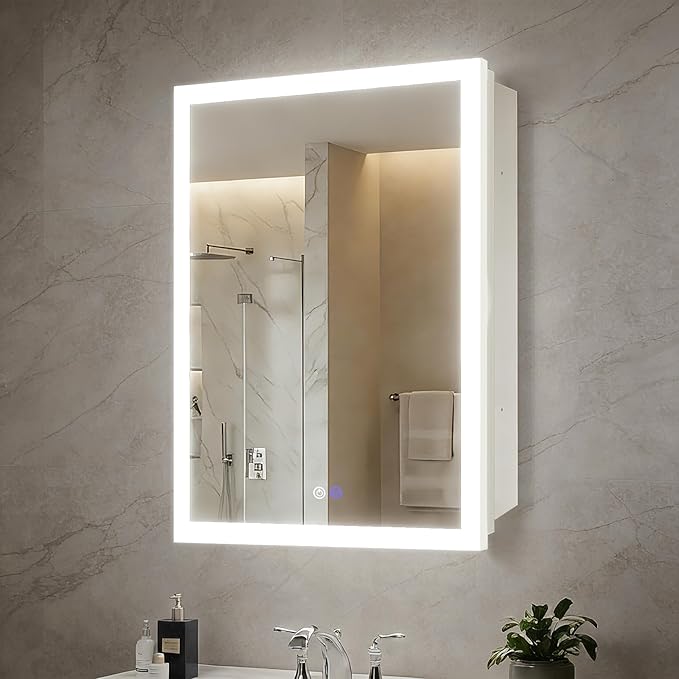 16x26 Inch Lighted Medicine Cabinet with Anti-Fog Mirror, 3 Glass Shelves, Dimmable LED, Recessed or Surface Mount Bathroom Smart Mirror Cabinet