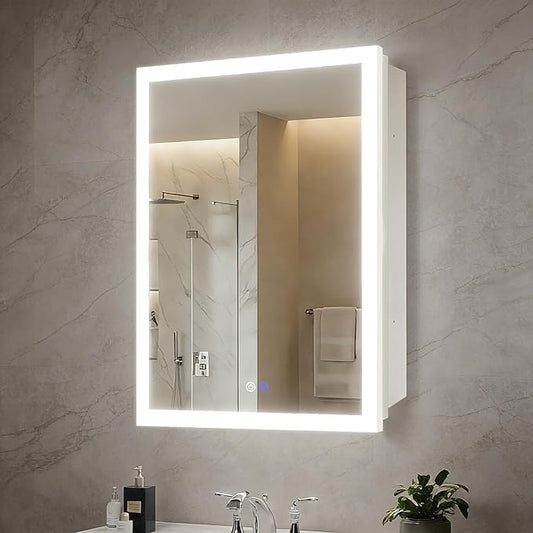 16x26 Inch Lighted Medicine Cabinet with Anti-Fog Mirror, 3 Glass Shelves, Dimmable LED, Recessed or Surface Mount Bathroom Smart Mirror Cabinet