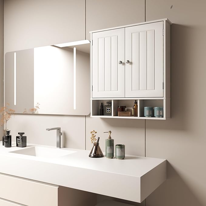 Bathroom Medicine Cabinet 2 Doors with 3 Open Shelves, Over The Toilet Storage Wall Mounted Medicine Cabinet with Adjustable Partitions，Home Cabinet for Bathroom,Living Room,Kitchen,White