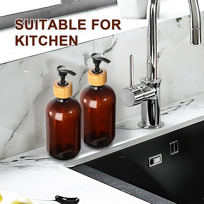 KASUNTING Amber Soap Dispenser Plastic, Brown Dish Soap Dispenser with Bamboo Pump for Kitchen,17 Fl Oz Hand and Dish Dispenser Set for Bathroom, Farmhouse Liquid Soap and Lotion Dispensers Bottle