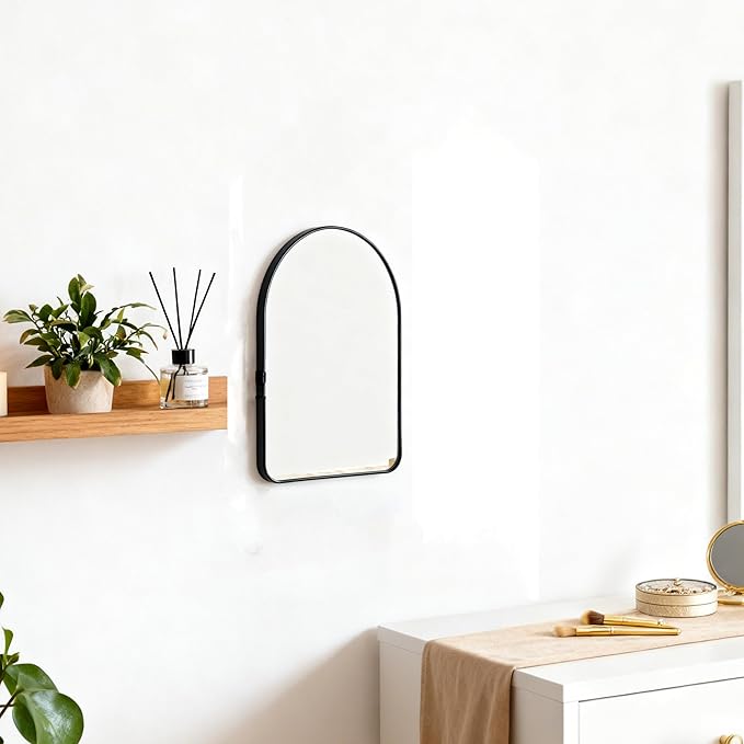 Funly mee Arched Wall Mirror, 7.9 x 11.8 inches, Wall-Mounted Plastic Mirror, for Bathroom and Vanity (Black, 7.9 x11.8)