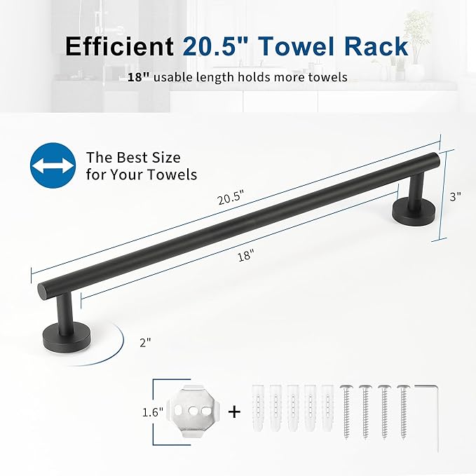 Matte Black Towel Bar, 18 Inch Towel Racks for Bathroom Wall Mounted, Thicken SUS304 Stainless Steel Heavy Duty Hand Towel Holder Organizer, Bathroom Accessories, Total Length 20.5 Inch