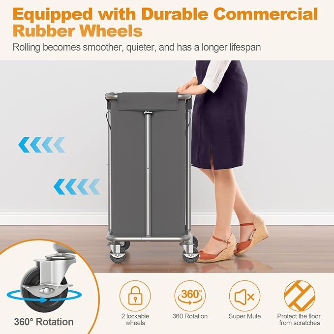 Hodonas 115L Laundry Basket with Wheels, 30 Gal. Rolling Laundry Hamper, Removable and Machine Washable Liner, Steel Frame, Tall Laundry Cart for Laundry Room, Bedroom, Bathroom, Dorm Storage -Gray