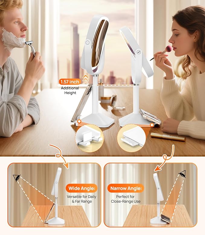 Gospire 1X/10X Lighted Magnifying Mirror with Lights, Height Adjustable Lighted Makeup Mirror with Magnification for Desk, Hidden Phone Stand, 4000mAh 3 Color Modes for Vanity - White