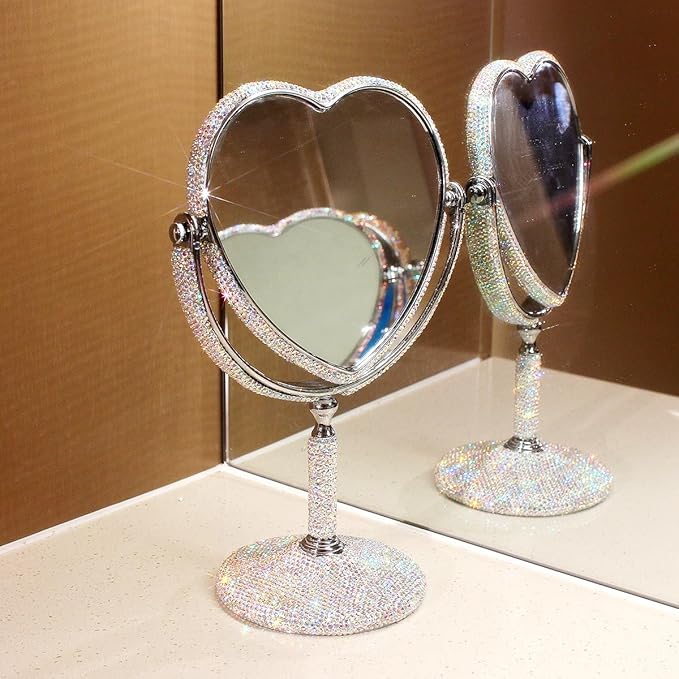Luxury Bling Double-Sided Tabletop Makeup Mirror, Heart Shape Metal Makeup Mirror with 1:2 Magnifying Mirror, Rotating Mirror (Silver)