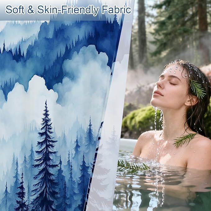 Navy Blue Misty Pine Forest Shower Curtain, Mountain Foggy Woodland Scenery Tree Shower Curtains for Chic Rustic Bathroom, Abstract Modern Waterproof Nature-Themed Decor, 72x72 Inches