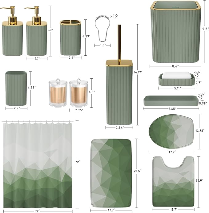 XLHOMO Bathroom Accessory Set - 26PC Bathroom Shower Curtain and Rug Set, Bathroom Accessories Set, Sage Green Bathroom Set with Trash Can, Toilet Brush, Qtip Holder & Soap Dispenser
