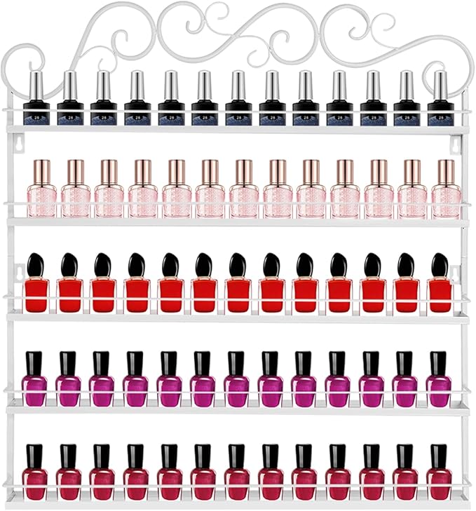 AngelcityCC 5 Tier Wall Mounted Metal Rack Shelf Versatile Organizer for Nail Polish Essential Oils for Home Nail Salon Spa Shops