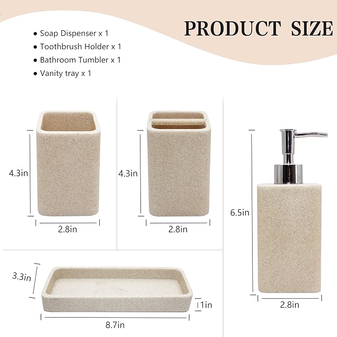 YMXYJM Bathroom Accessories Set, 4 Pcs Bathroom Accessory Set, Soap Dispenser, Toothbrush Holder, Qtip Holder Set, Bathroom Sets Complete, Bathroom Sink Set for Modern Home, Beige