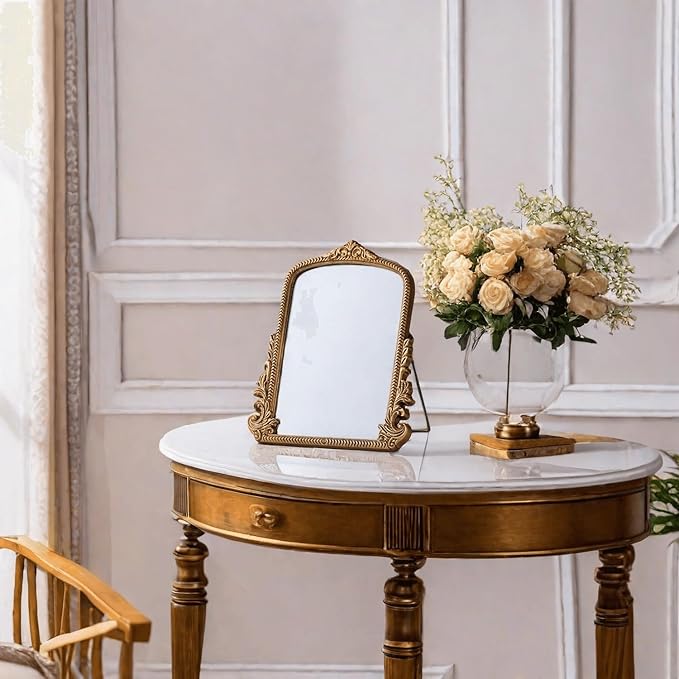 TenFuju Small Gold Vintage Vanity Mirror, Antique Gold Wooden Framed Standing Tabletop Mirror, Traditional Chic Arch Makeup Mirror for Living Room, Bedroom, Bathroom, or Office Decor, 11.8" x 9.6"
