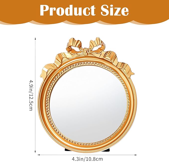 Abeillo Small Gold Desk Mirror, 4.2'' Round Decorative Mirror Vintage Table Mirrors with Gold Resin Frame for Bedroom Bathroom Tabletop Wall