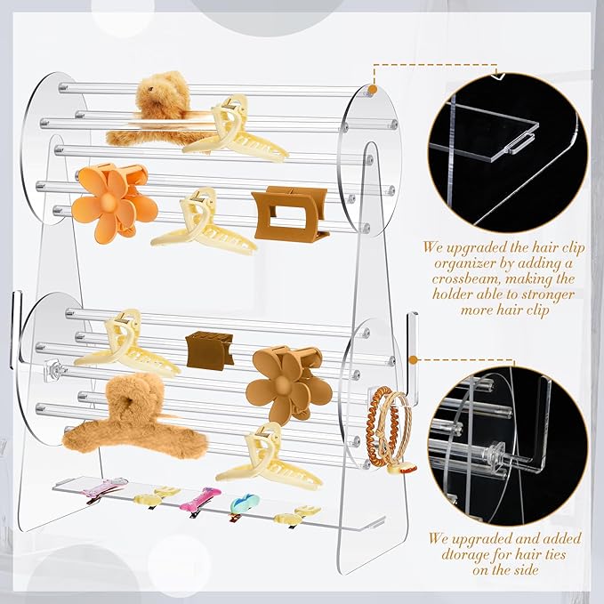 Lineshading 2-tier Acrylic Claw Clip Holder 360 Degree Rotating Claw Clip Organizer Hair Accessories Organizer Storage Display Clear Stand for Women Vanity Dressing Table(Round Style)